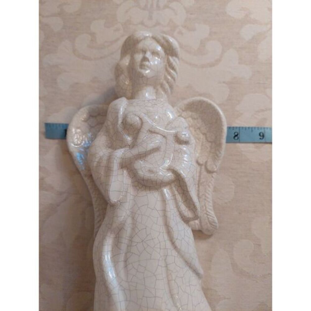 Large Crackle Glaze Ceramic Angel Figurine With Harp And Wings In White - Picture 8 of 9